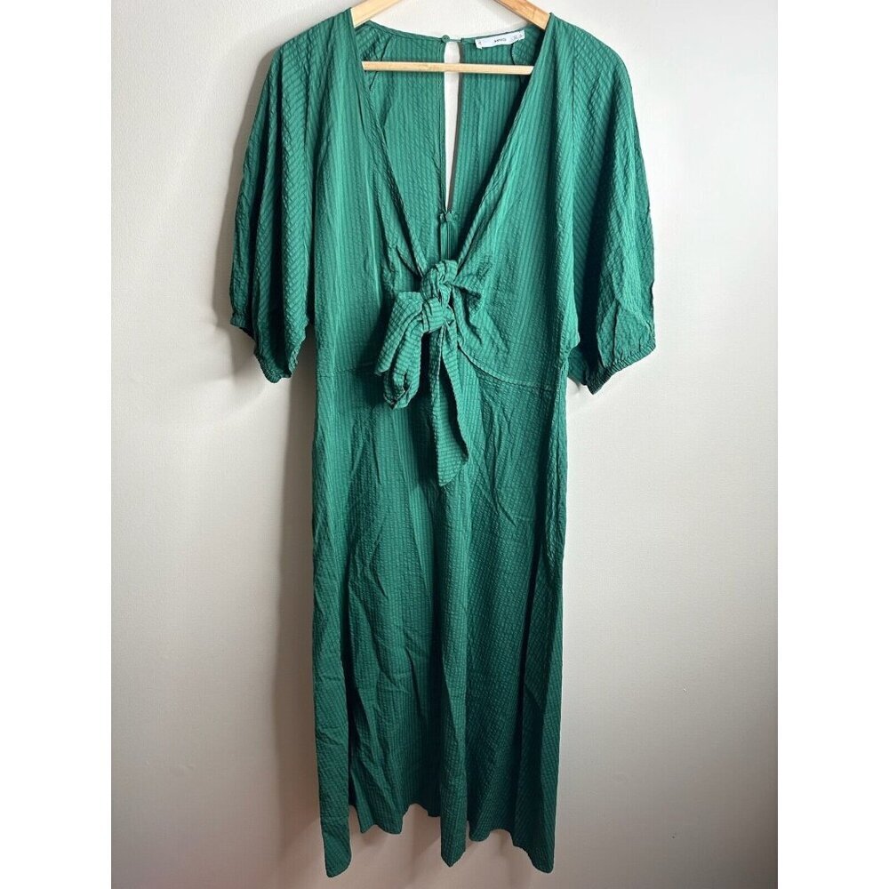 Mango MNG Midi Dress Womens XL Green Striped Boho Puff Sleeve Twist Wrap Tie - Picture 3 of 14